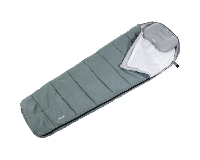 KOOR sleeping bag, sleeping bag liner and travel pillow set grey